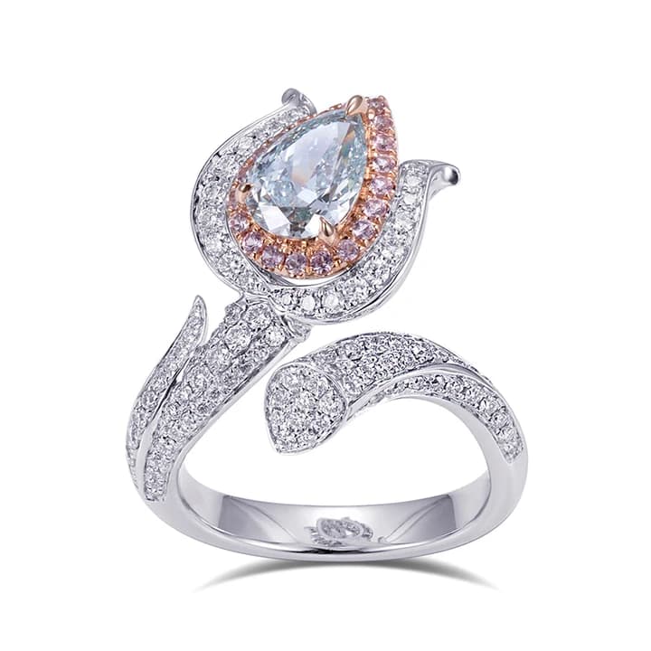 1CT 18K Fancy Color pink and Blue Lab Diamond Ring Pear Cut Ring Flower Design Wedding Engagement Ring