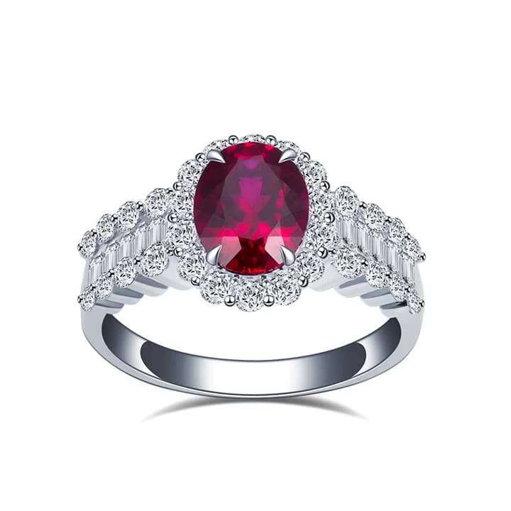 2CT Oval Lab Grown Ruby Solitaire Ring With Lab Diamond 18K Solid Gold Halo Ring Women Luxury Jewellery