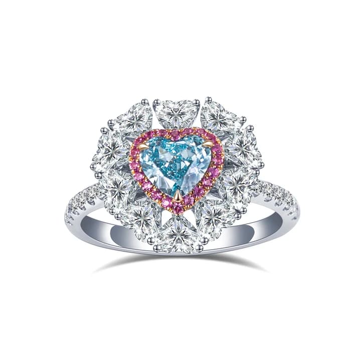 18K Gold Heart Shape Blue Lab Diamond Ring Custom Jewellery Original Design