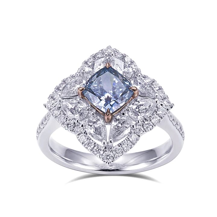 MSR-1065 18K Fancy Color Lab Diamond Ring Blue Cushion Cut Ring Unique Design Wedding Engagement Ring