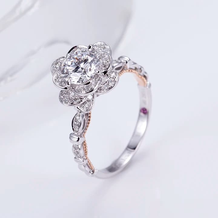 MSR-1152 18K Lab Diamond Ring Round Brilliant Cut Flower Design Ring Engagement Wedding Band Classic Gift Band