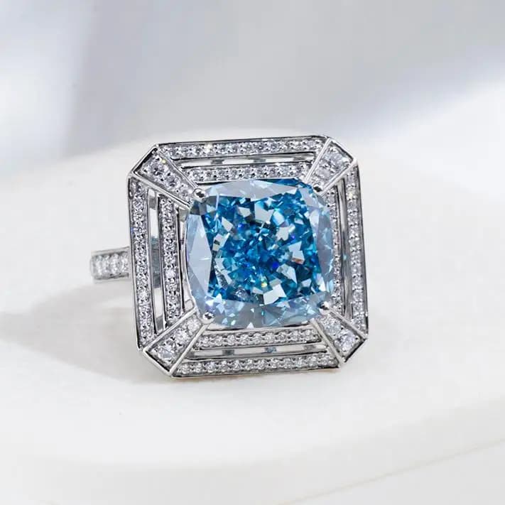 MSR-1801 Custom Jewellery Luxury Ring PT950 Cushion Shape Blue Gemstone Lab Grown Diamond Ring