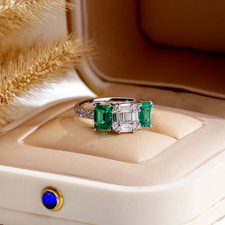 MSR-2126 18k White Gold Emerald Diamond Ring Two Stone Emerald Cut with Baguette Accents Luxury Engagement Statement Jewellery