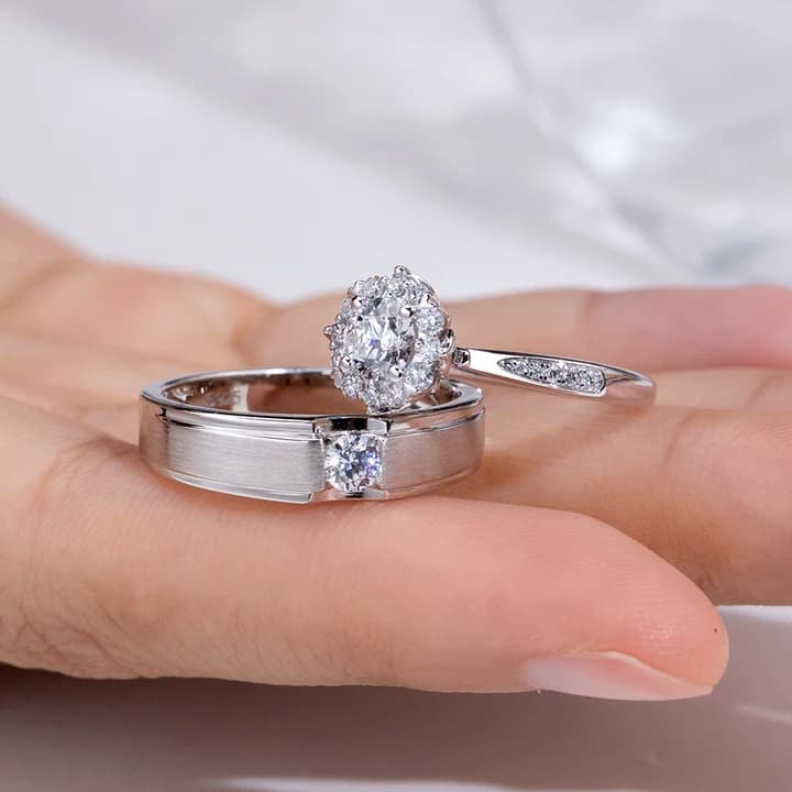 MSR-2190 925 Silver Couple Ring Round Cut 0.5ct D VS1 Lab Grown Diamond Ring