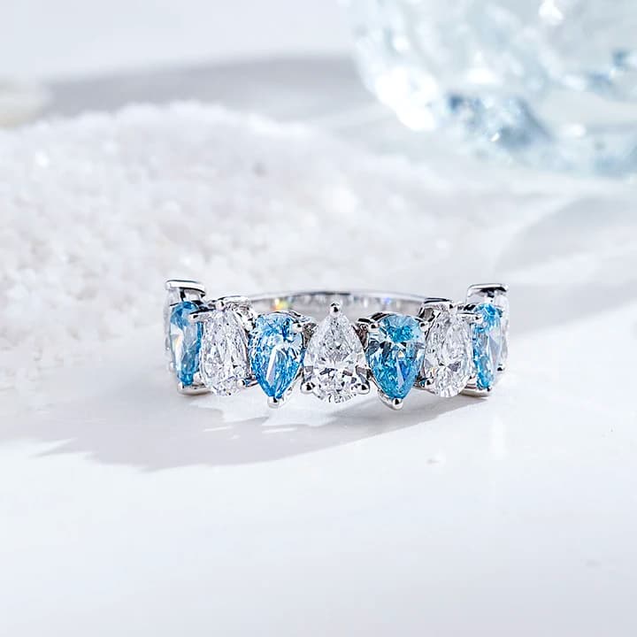 MSR-2197 Fashion Design Ring Jewellery 18k White Gold Eternity Ring Pear Cut White & Blue Lab Grown Diamond Ring